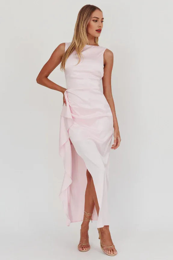 Robe Weitese à encolure bateau et fente longue rose, dos ouvert, longueur cheville, robe de bal